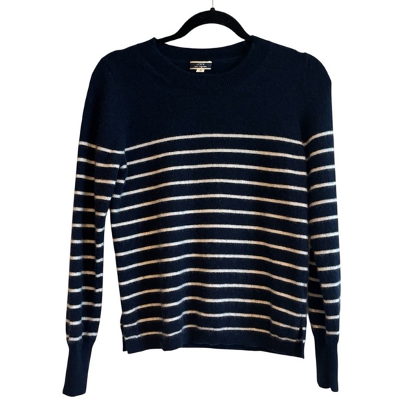 J.Crew Navy 100% Cashmere Striped Crewneck Sweater Small Nautical Preppy Coastal - Picture 1 of 8